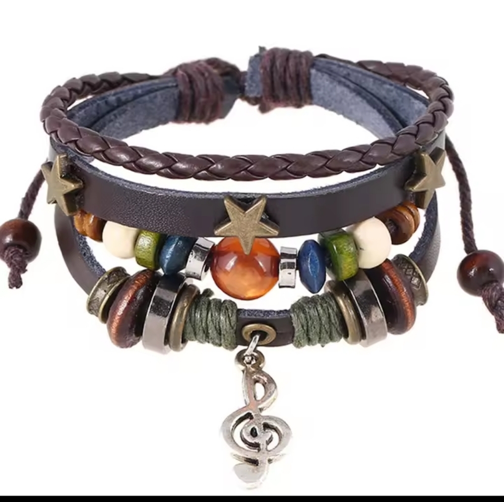 Men's Bracelet Leather Braided Layered Brown Music New f41